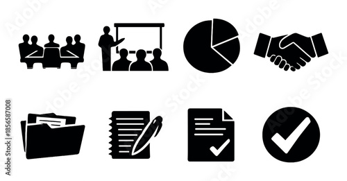 Silhouette icons of business meeting, presentation, and document management