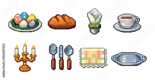 Pixel art easter dinner setup with eggs bread napkin and crockery