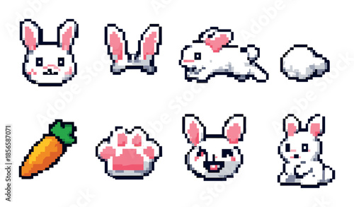 Pixel art bunny icons: cute rabbits, carrot, and paw designs
