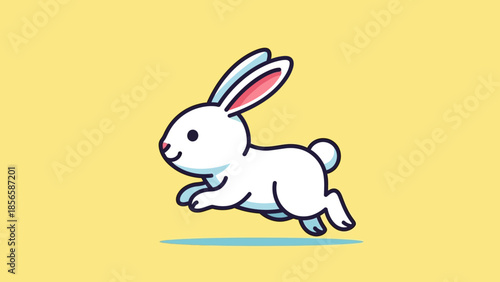 White Cartoon Rabbit Running with Ears Up.