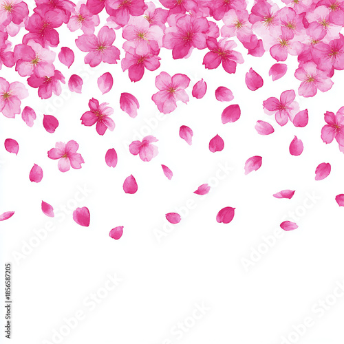 Pink cherry blossom flowers and petals on a white background.