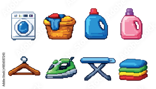 Pixel art laundry icons: washer, detergents, iron, basket, ironing board