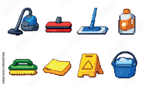 Pixel art cleaning tools: vacuum, mop, brush, detergent, sponge, caution sign, bucket