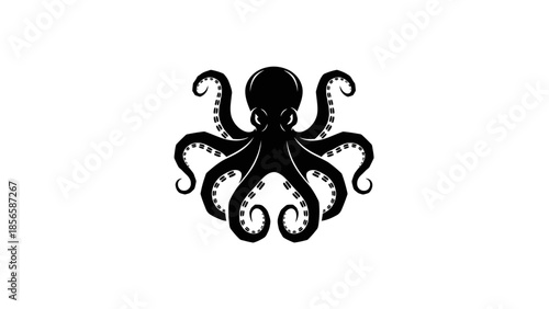 Black Octopus Silhouette with Tentacles and Suckers.