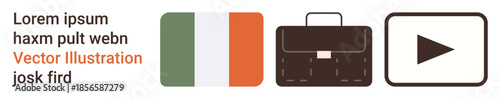 Travel, work-life balance, media content, tourism, digital navigation, cultural identity. Irish flag, briefcase and play icon. Travel and work-life balance concept