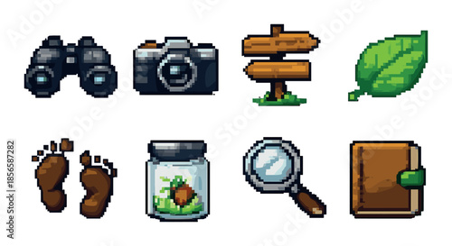 Pixel art adventure icons: binoculars, camera, signpost, leaf, footprints, jar, magnifying glass, book