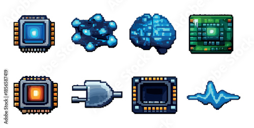 Pixel art icons: blue neural network brain with microchips and pulse
