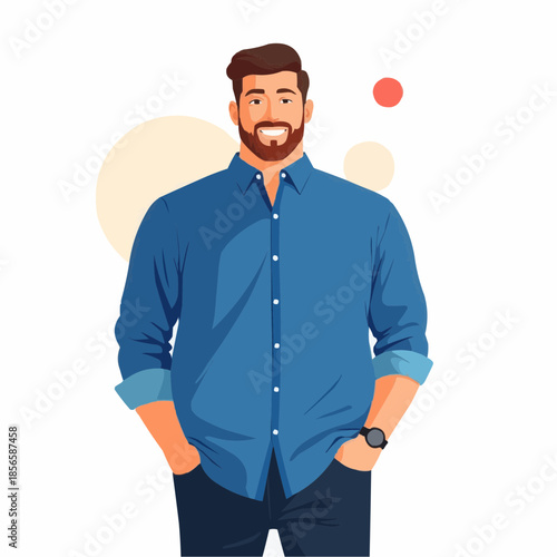 Smiling man in blue shirt with hands in pockets and casual style  