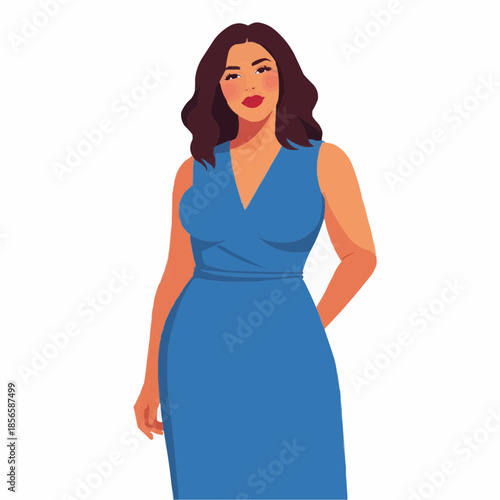 Plus-size woman standing confidently in blue dress with a vibrant look, celebrating Kwanzaa  