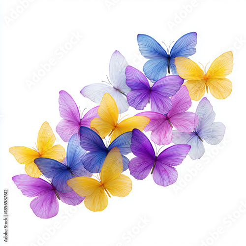 Colorful butterflies in a beautiful arrangement on white.