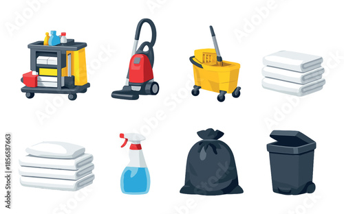 Cleaning equipment icons - vacuum, mop, towels, spray bottle, trash bin, cleaning cart