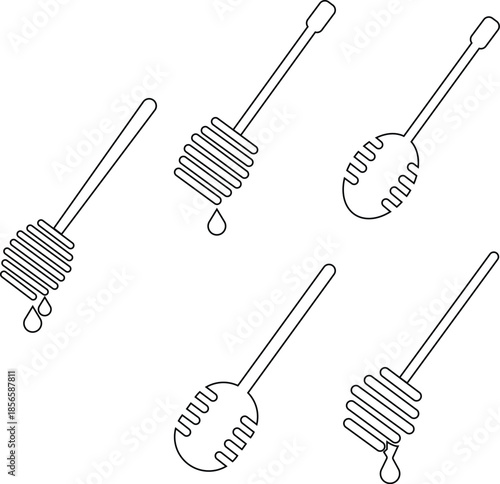 Honey dipper stick outline icon set. Wooden honey spoon dripping symbols, sweet syrup nectar tool, vectors illustration for food kitchen designs. Modern skincare and beauty treatment honey comb.