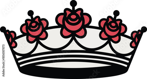 Elegant royal crown vector with red rose floral details.