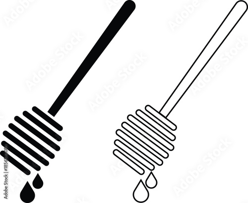 Honey dipper stick flat, outline icon set. Wooden honey spoon dripping symbols, sweet syrup nectar tool, vectors illustration for food kitchen designs. Modern skincare and beauty treatment honey comb.