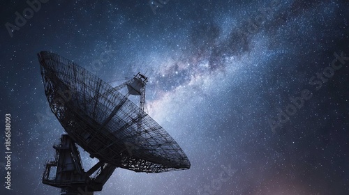 Large radio telescope dish under starry night sky with Milky Way galaxy