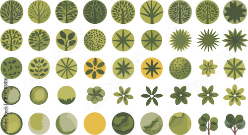 Top, down, landscape, trees, illustration, architectural, plan, view, greenery, garden, elements, foliage, nature, design, symbols, park, vegetation, set, environment, ecology