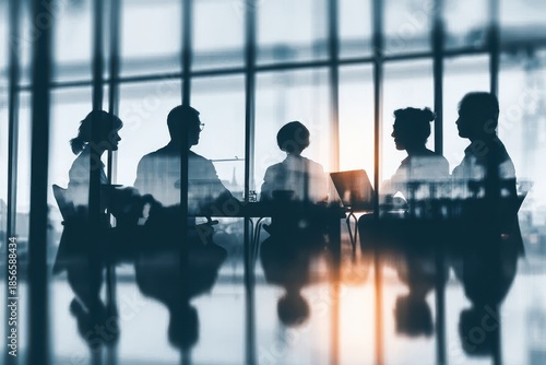 Strategic Business Meeting Silhouettes in Modern Office with City Reflections.
