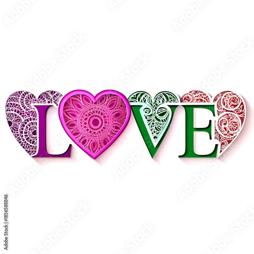 Written “LOVE” with hearts replacing letters, modern typography in 3D