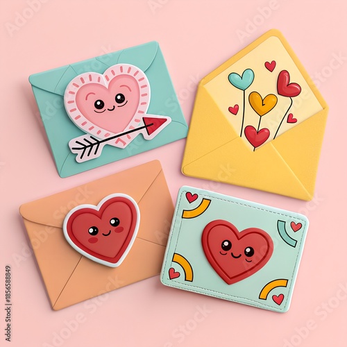 Whimsical Valentine's cards with sticker icons in 3D