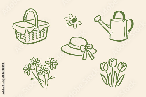 Garden set basket watering can flowers hat doodle line art vector illustration