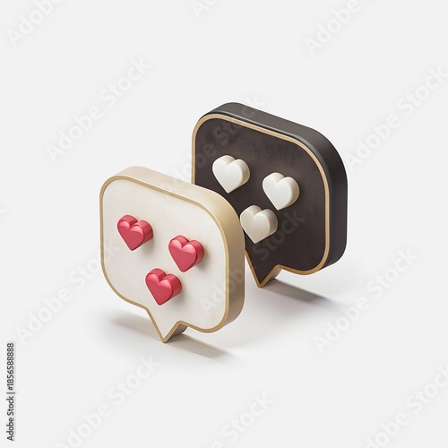 Chat bubbles with heart reactions representing digital romance