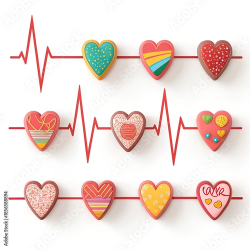 Heart-shaped icons creating heartbeat lines in 3D