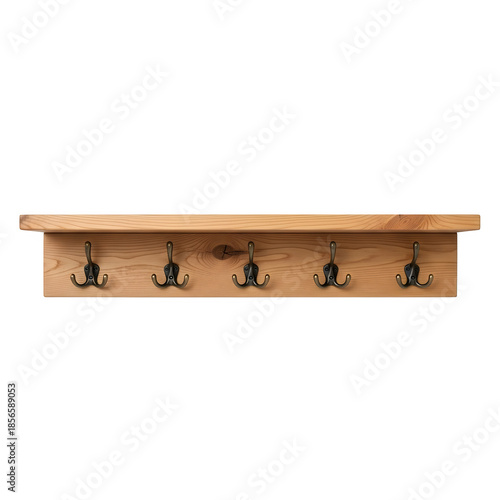 Wooden wall shelf with hooks, clean minimalist storage furniture ideal for interior mockups and product displays. Isolated on white or transparent background. PNG format.