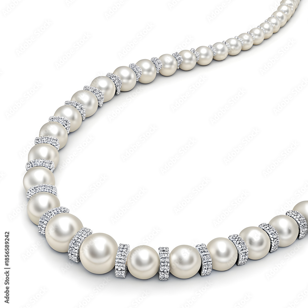 Obraz premium Luxury White Gold Necklace with Diamonds and Pearls 3D Render on Clean White Background