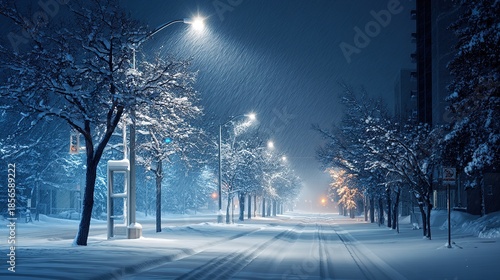 Nighttime Winter Cityscape with Snow Gently Falling
