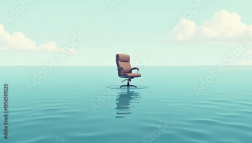 Surreal editorial illustration of a single office chair floating alone in a calm open ocean, symbolizing burnout, work detachment, and desire for escape, soft natural light, minimal composition, no te