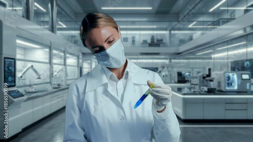 Female Scientist Checks, Scientist Monitors Reagent Purity Within Automated Drug Production Environment