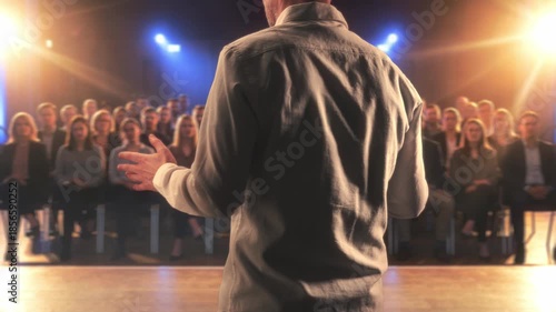 Male Entrepreneur Energizes Gathering By Displaying Vivid Products Amid Cheers And Applause