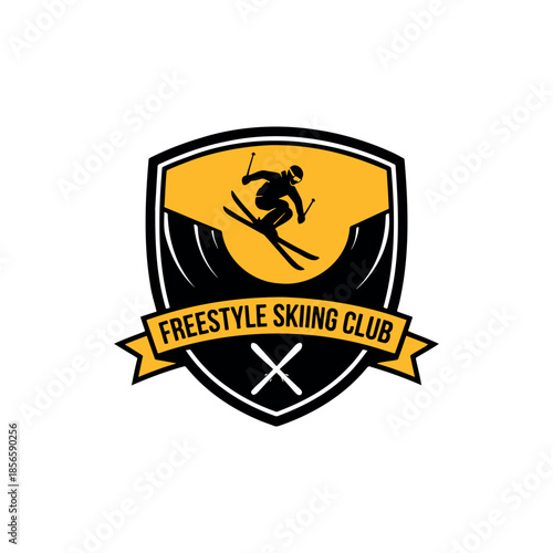 Freestyle Skiing Club Shield Logo with Skier and Crossed Skis