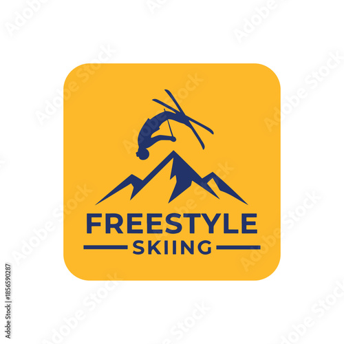 Freestyle Skiing Square Icon Logo with Mountain and Skier