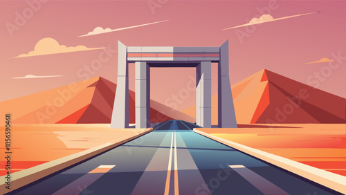 Desert highway with geometric archway and distant mountains at sunset, evoking a sense of adventure and travel, perfect for travel blog or website designs