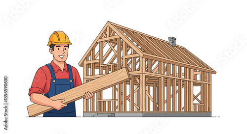 Happy male construction worker wearing a hard hat and overalls holds a wooden plank in front of a partially built house frame.