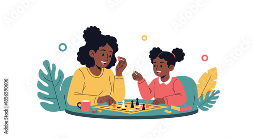 Smiling mother and young daughter sit at a table together while enjoying a fun and educational board game in a cozy home environment.