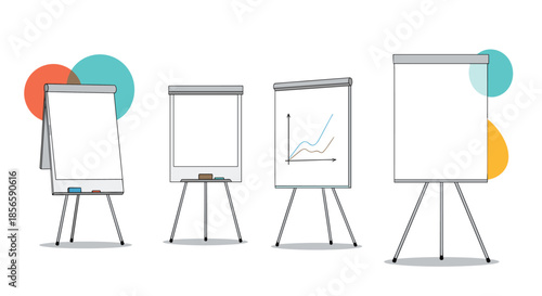 Collection of various flip charts and presentation stands used for business meetings, brainstorming, and educational workshops.