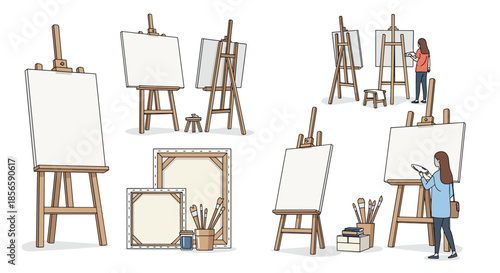 Busy art studio scene showing artists working on canvases with easels, paintbrushes, and supplies in a collaborative creative space.