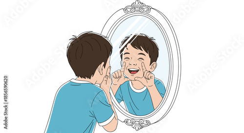 Young boy makes a funny face and laughs at his own reflection in an ornate oval mirror while playing happily at home.