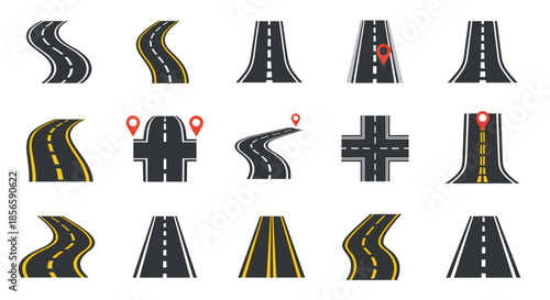 Various road segment icons including curves, intersections, and straight paths with location pins for navigation and map design projects.