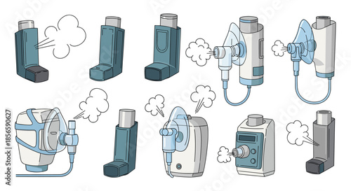 Variety of medical asthma inhalers and nebulizers used for respiratory treatment and breathing relief in healthcare and home settings.