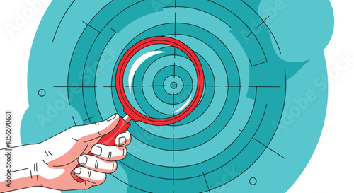 Close up of a hand holding a red magnifying glass over a teal target symbolizing search, discovery, focus, and strategic analysis.
