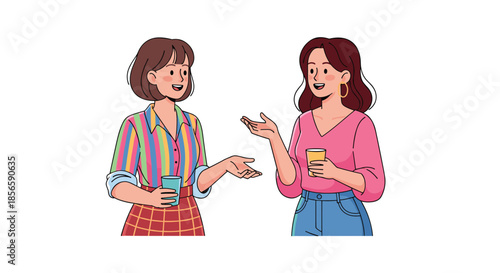 Two stylish young women engage in a friendly conversation while enjoying coffee together in a bright and social atmosphere.