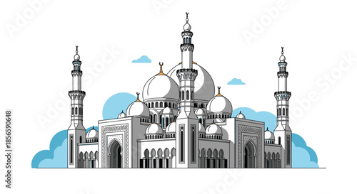 Majestic illustration of a grand mosque with multiple domes and tall minarets under a clear sky with soft blue clouds.