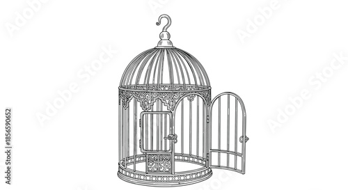 Intricate black and white engraving of an ornate birdcage with its door open, symbolizing freedom, release, and new beginnings.