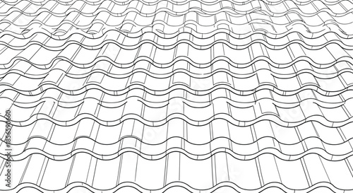 Perspective view of a repeating pattern of wavy roof tiles shown in a clean black and white line art illustration style.