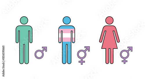 Illustrative chart showing male, transgender, and female figures with corresponding gender symbols for social awareness and education.