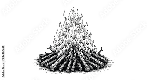 Highly detailed black and white engraving of a large campfire with many logs and intense flames for outdoor survival concepts.