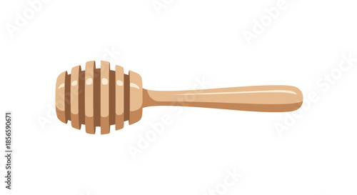 Simple wooden honey dipper tool used for serving honey and syrup with a classic grooved head and a smooth handle.